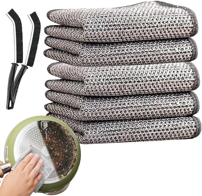 MIRARIYA 10 Pack Non Scratch Dish Wash Cloth & 2 Gaps Cleaning Brush, Multipurpose Wire Dishwashing Rags for Wet and Dry, Easy Rinsing, Reusable, Mesh Wire Cloth for Kitchen, Sinks, Pots, Pans