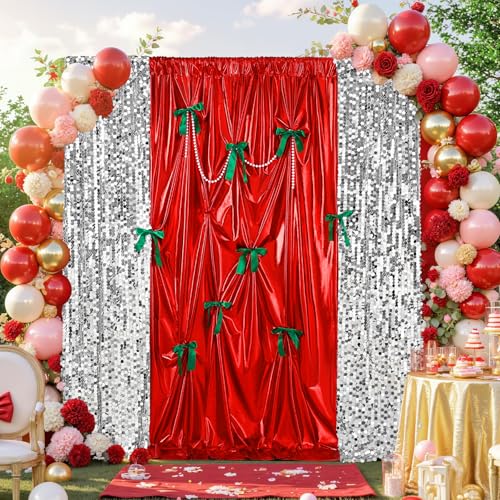 Red Valentine's Day Sequin Backdrop Curtain - 8.8x8ft Silver Big