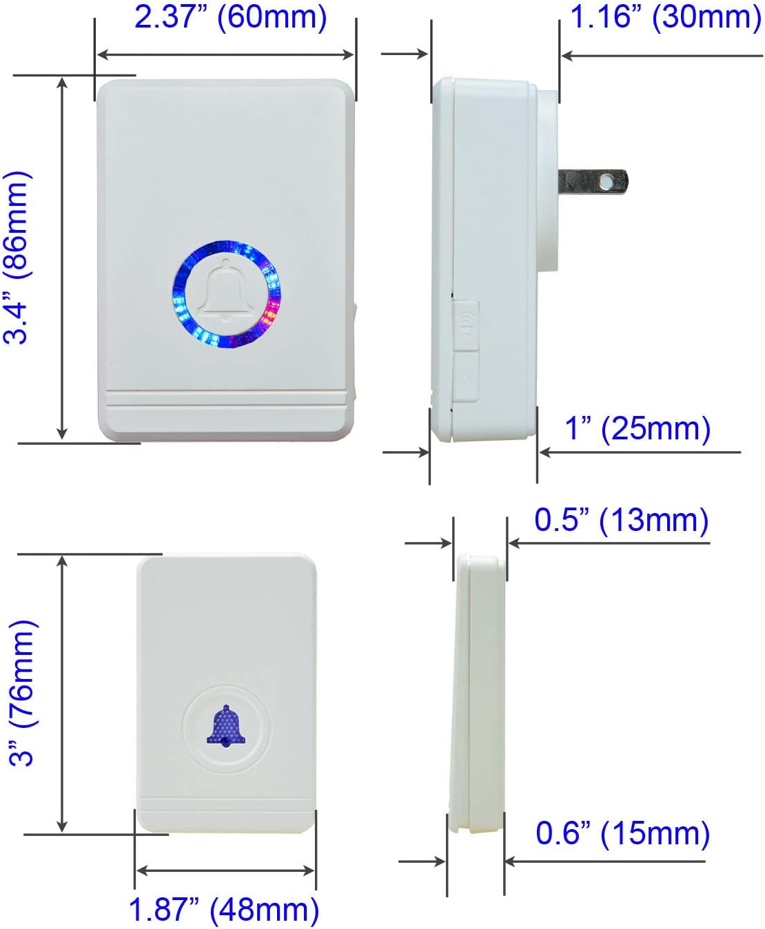 Dimensions of the KCMYTONER wireless doorbell receiver and transmitter.