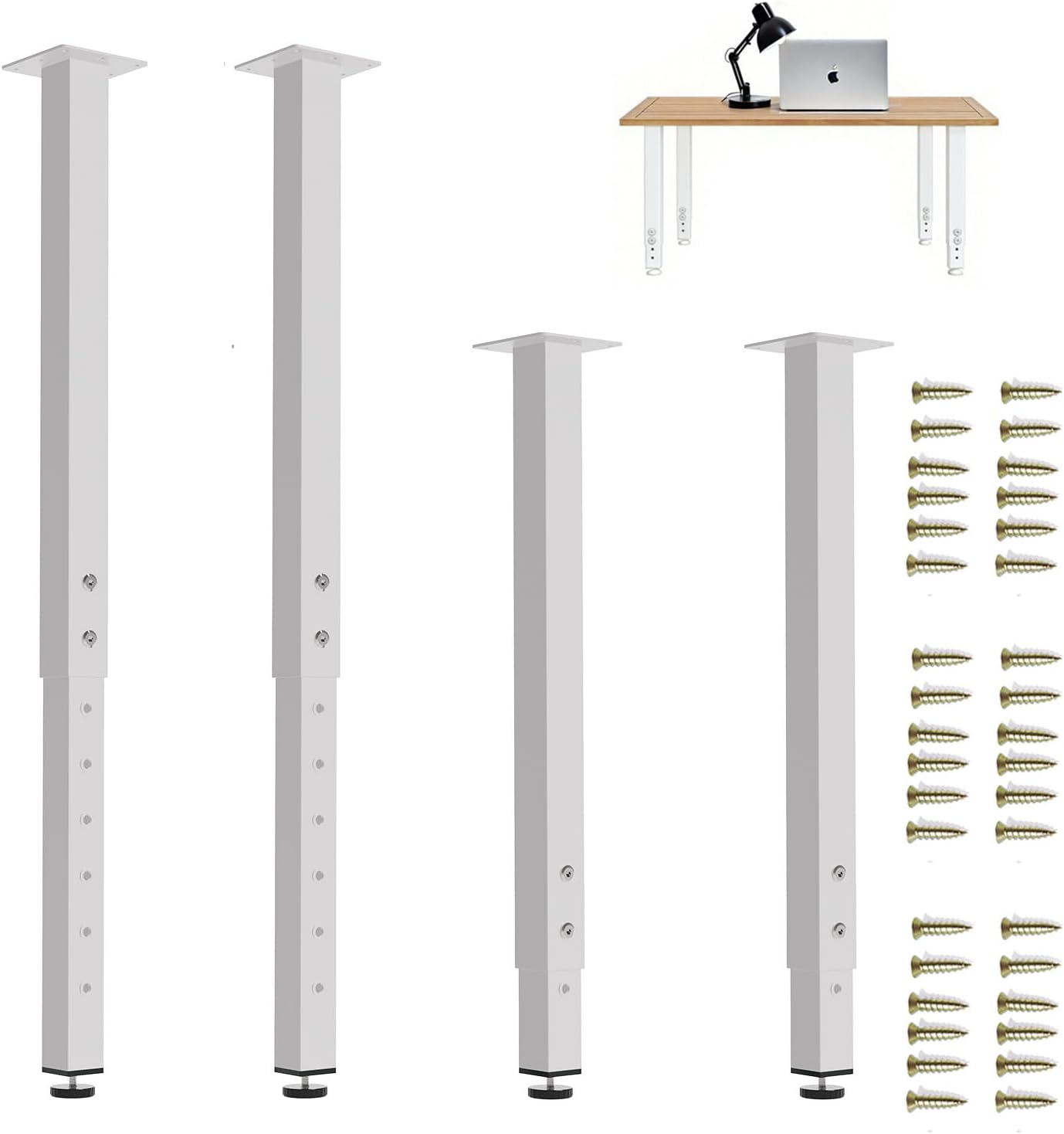 Adjustable Heavy Duty Square Table Legs 24-40 Inch, Set of 4 Metal Furniture Legs with Dual Screw Locking for DIY Desk, Workbench, Kitchen Counter - 1.77" Square Tubing, Max Load 300lbs/Leg (White) Set of 4 White
