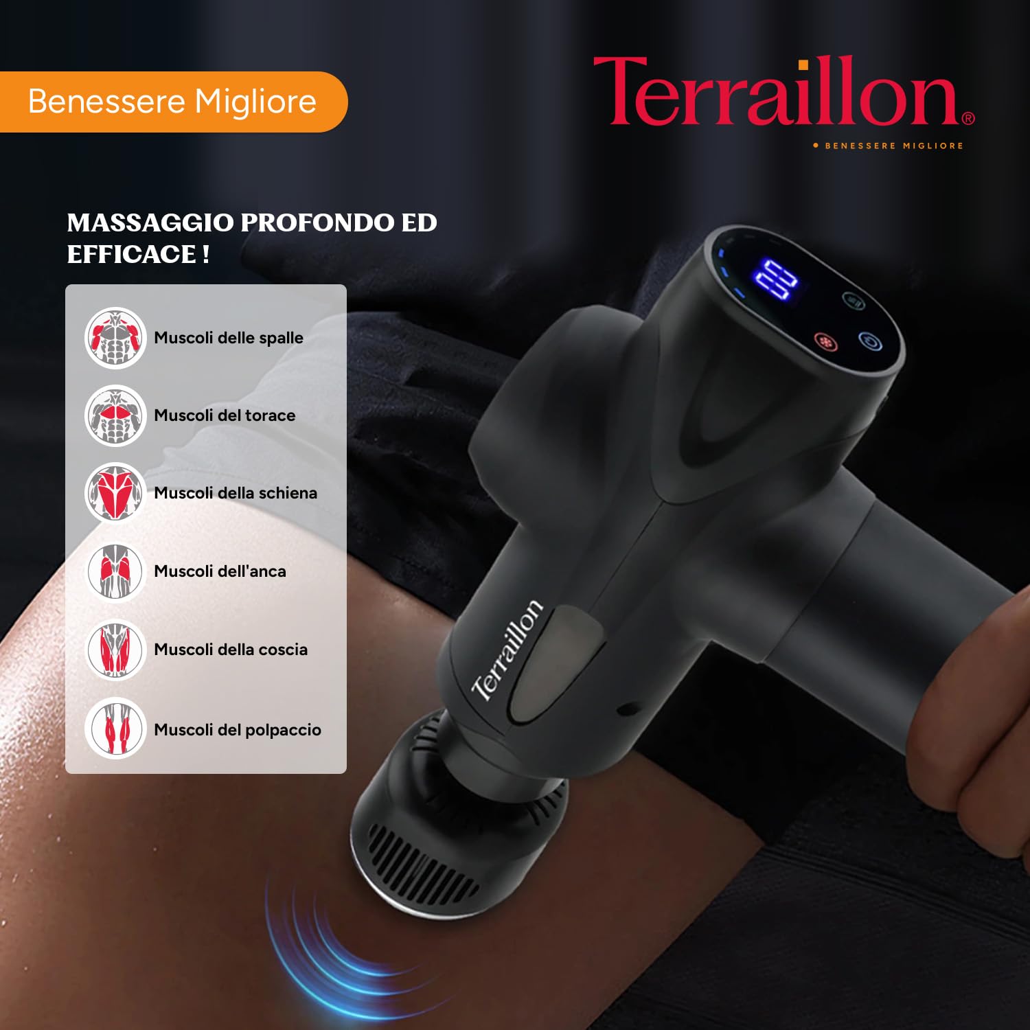 TERRAILLON - GUN MASSAGER EXPERT - Pistola massaggiante multizone, 20 velocità 2800-3200 RPM, schermo digitale, timer integrato, 5 punte in silicone di cui 1 caldo-freddo, USB-C, custodia inclusa,