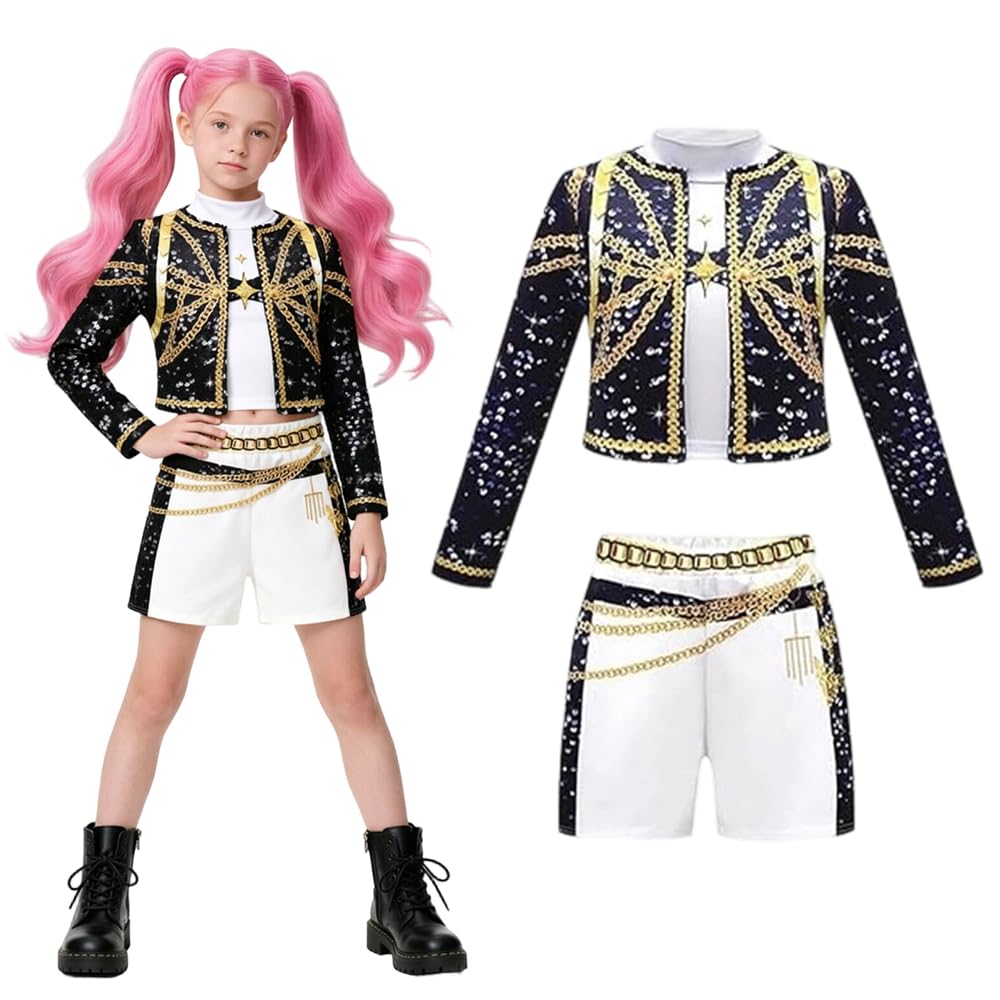 KQWVZ KPop Costume for Girls Kids Outfit, 3PCS Korean Pop Costume, Anime Costume for Kids Girls, Pop Singer Idol Dress with Outfit, Shorts& T-Shirt, for Halloween Carnival Dress Up (140cm)