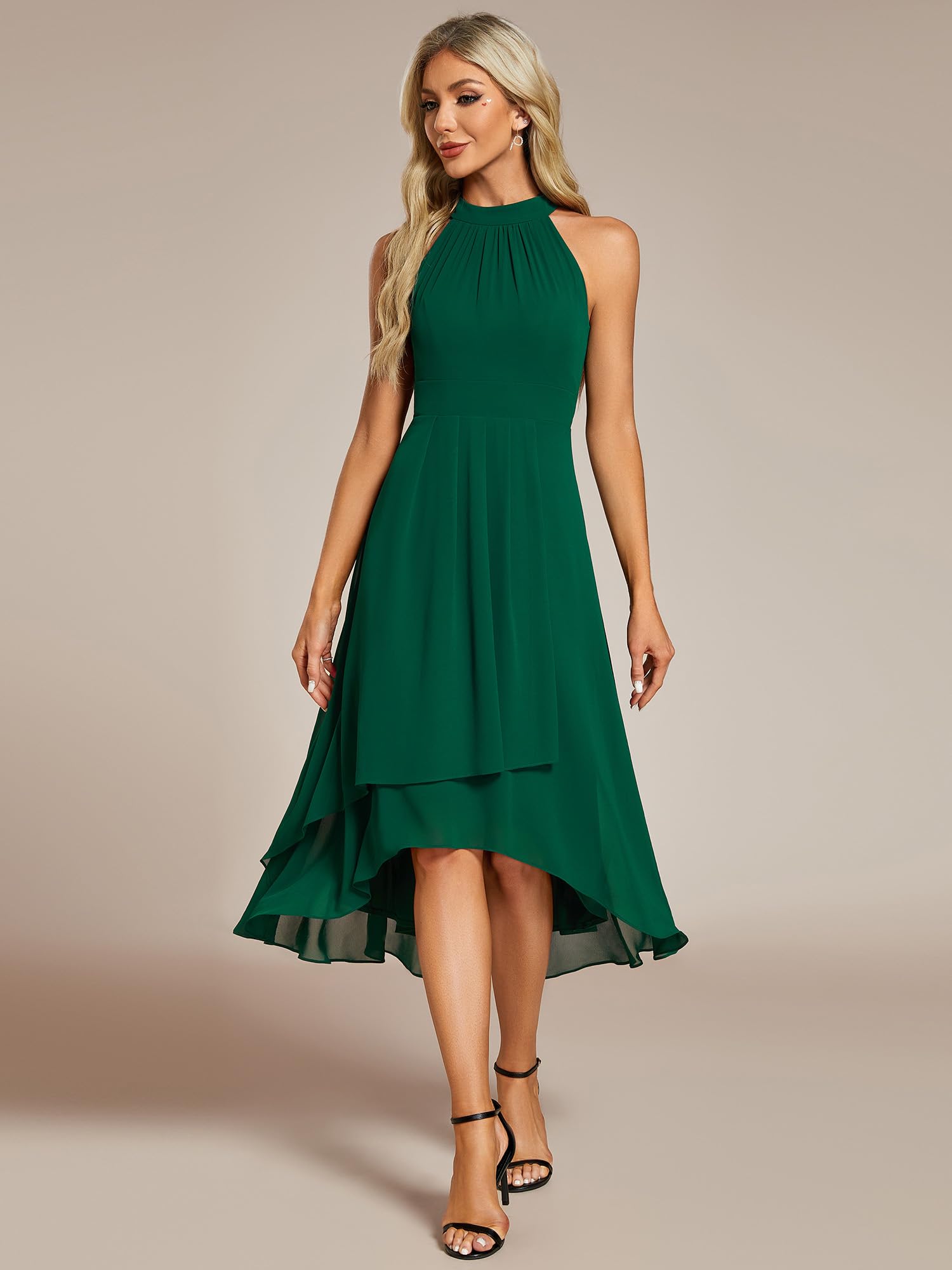 Ever-Pretty Abito Cerimonia Donna Spalle Scoperte Pieghe High Low Senza Maniche Chiffon al Ginocchio Abito da Ospite Orlo Irregolare Comodo EG31926