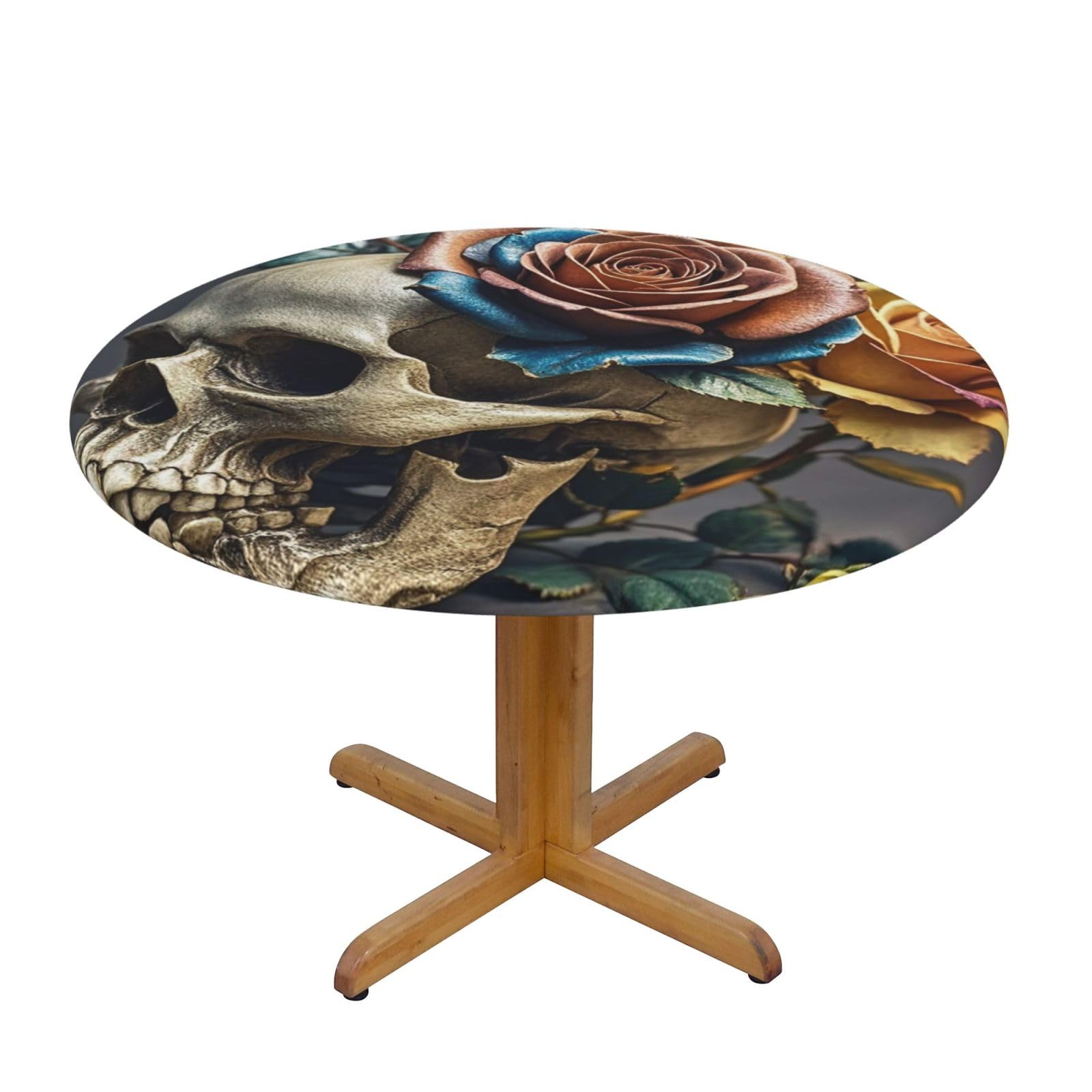 BTCOWZRV Leather Rose Skull Round Spandex Tablecloth 55 Inch, Elastic Fitted Waterproof Tablecloths Stretch Washable Picnic Table Cover for Camping, Dining, Indoor and Outdoor