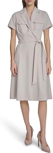 Calvin Klein Women's Short Sleeve Collared Neck Selt Tie Scuba Crepe A-line Dres