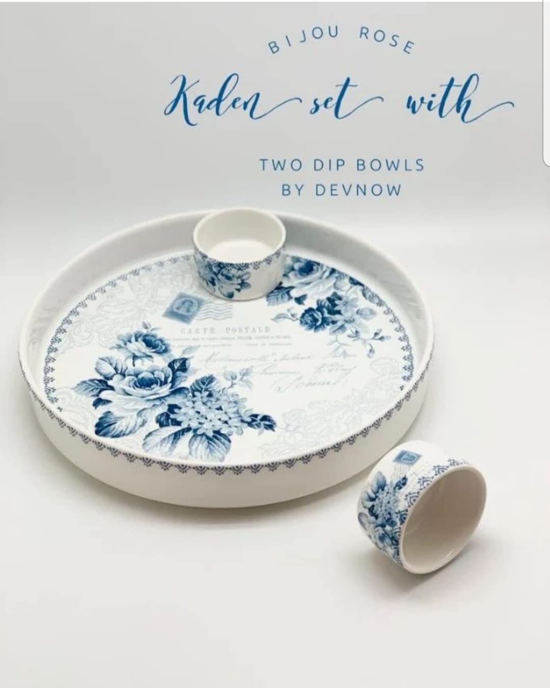 Tableware Ceramic Snacks Serving Platter with 2 Dip Bowls (English Rose)