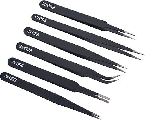 AKOAK Juego de 6 pinzas ESD antiestáticas, pinzas de acero inoxidable para extensión de pestañas, electrónica, fabricación de joyas, pinzas de punta