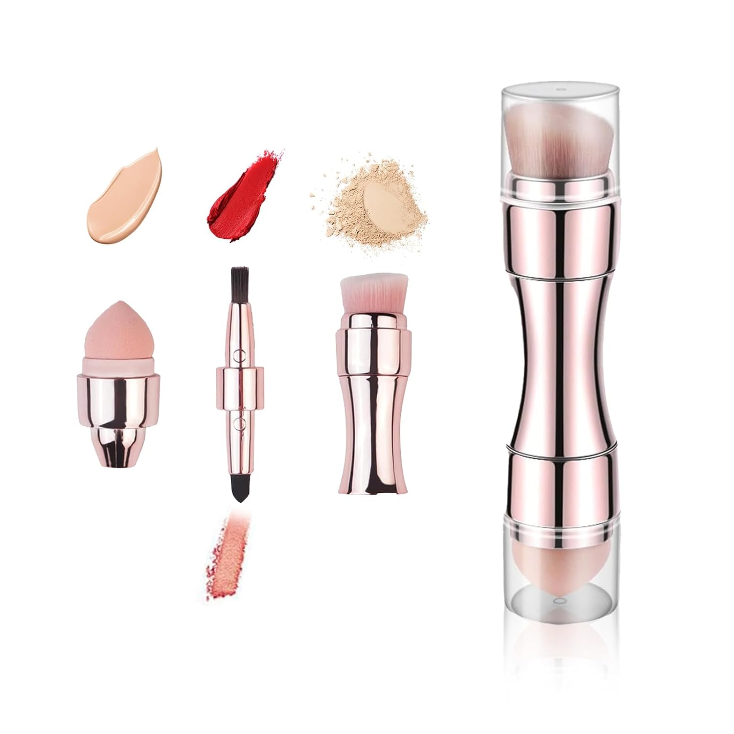 NIIIYTYB 4 in 1 Makeup Brush Set Foundation Brush Eyeshadow Brush Lip Brush Face Blush Brush All in One Mini Versatile Travel Makeup Brushes for Eyeshadow Lip Face Concealing(Rose Gold)