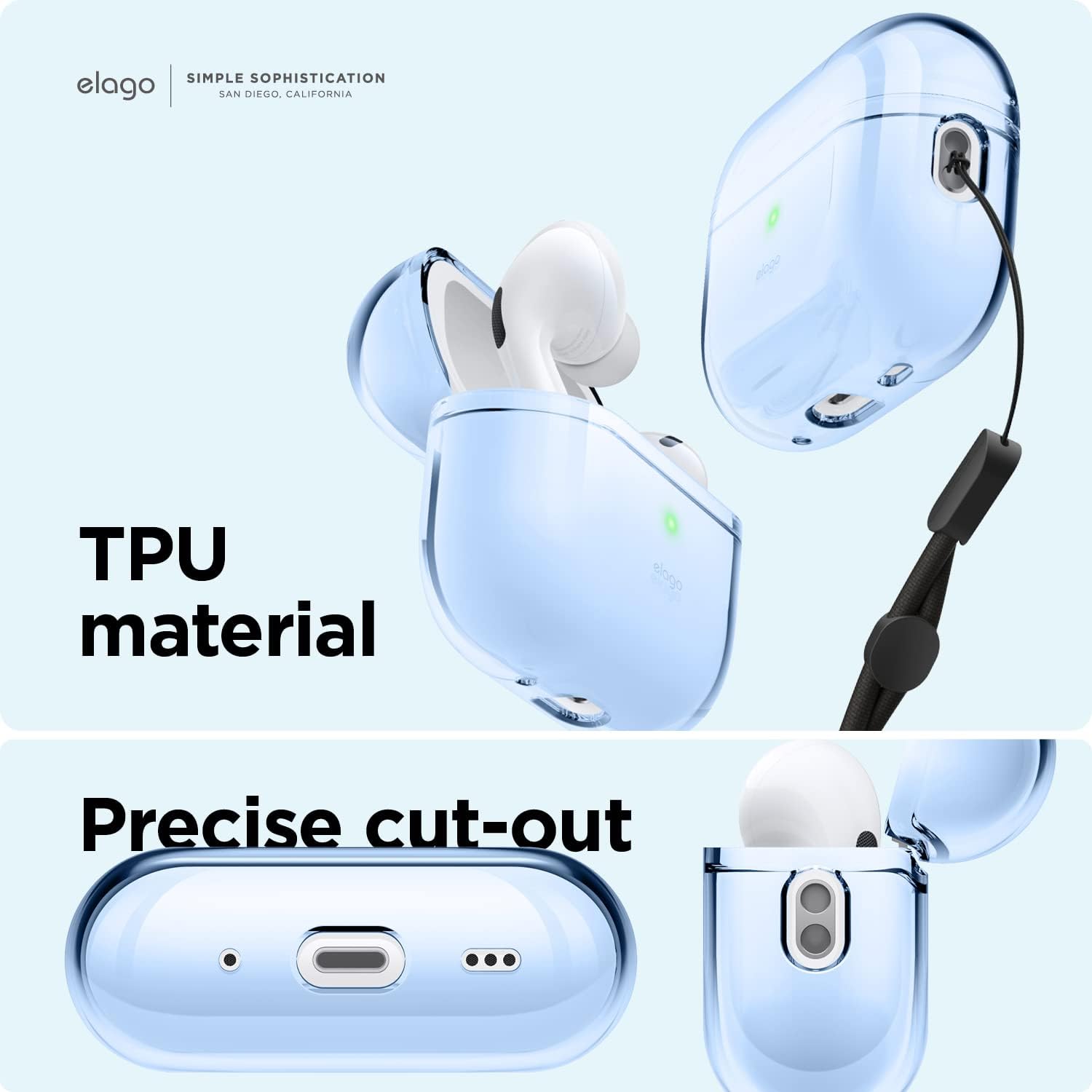 elago Compatible with AirPods Pro 2nd Generation Case Clear with Lanyard - Compatible with AirPods Pro 2 Case, Protective Cover, Shockproof, Wireless Charging, Reduced Yellowing [Aqua Blue]