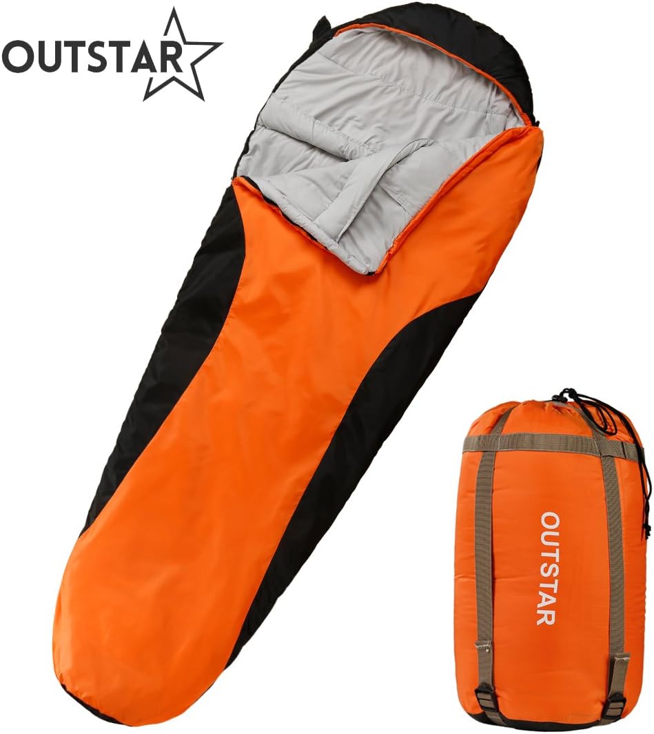 Lightweight Waterproof Mummy Sleeping Bag With Compression Sack for Kids or Adults Outdoor Camping, Travelling, Hiking & Backpacking (Orange & Black / Left Zip)