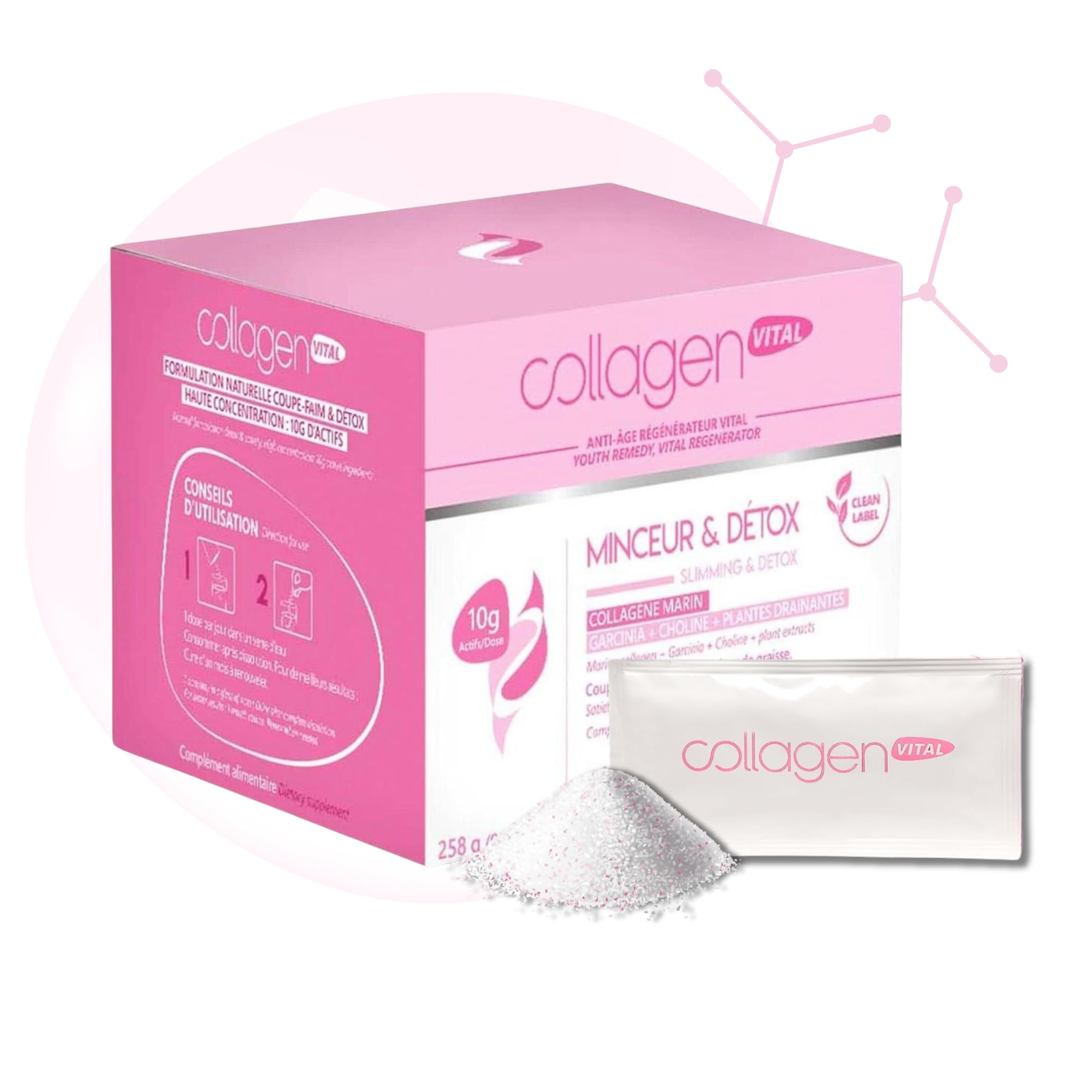 Collagen Vital - Collagen Vital Minceur & Détox - Cure de 1 Mois - Actifs de Biopeptides de Pur Collagène Marin - Goût Naturel de framboise - Fabrication Française - 30 Sachets