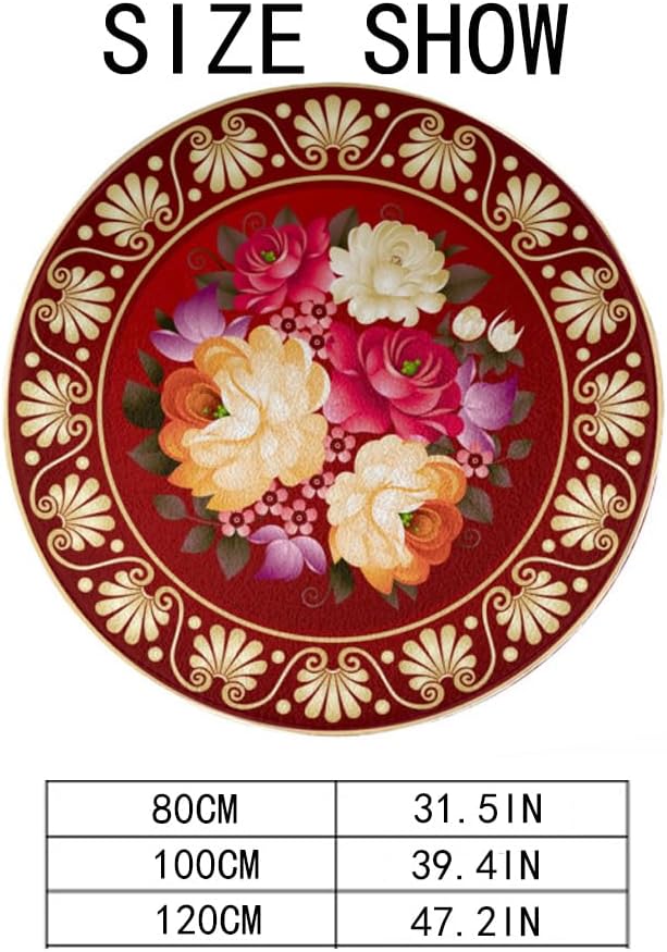 Retro Blooming Flowers Red White Round Rug for Bedroom Crystal Velvet Soft Non-Slip Machine Washable Foyer Mat Floor Carpet Indoor Floor Powder Room Dining Living Room Decor 40-Inch