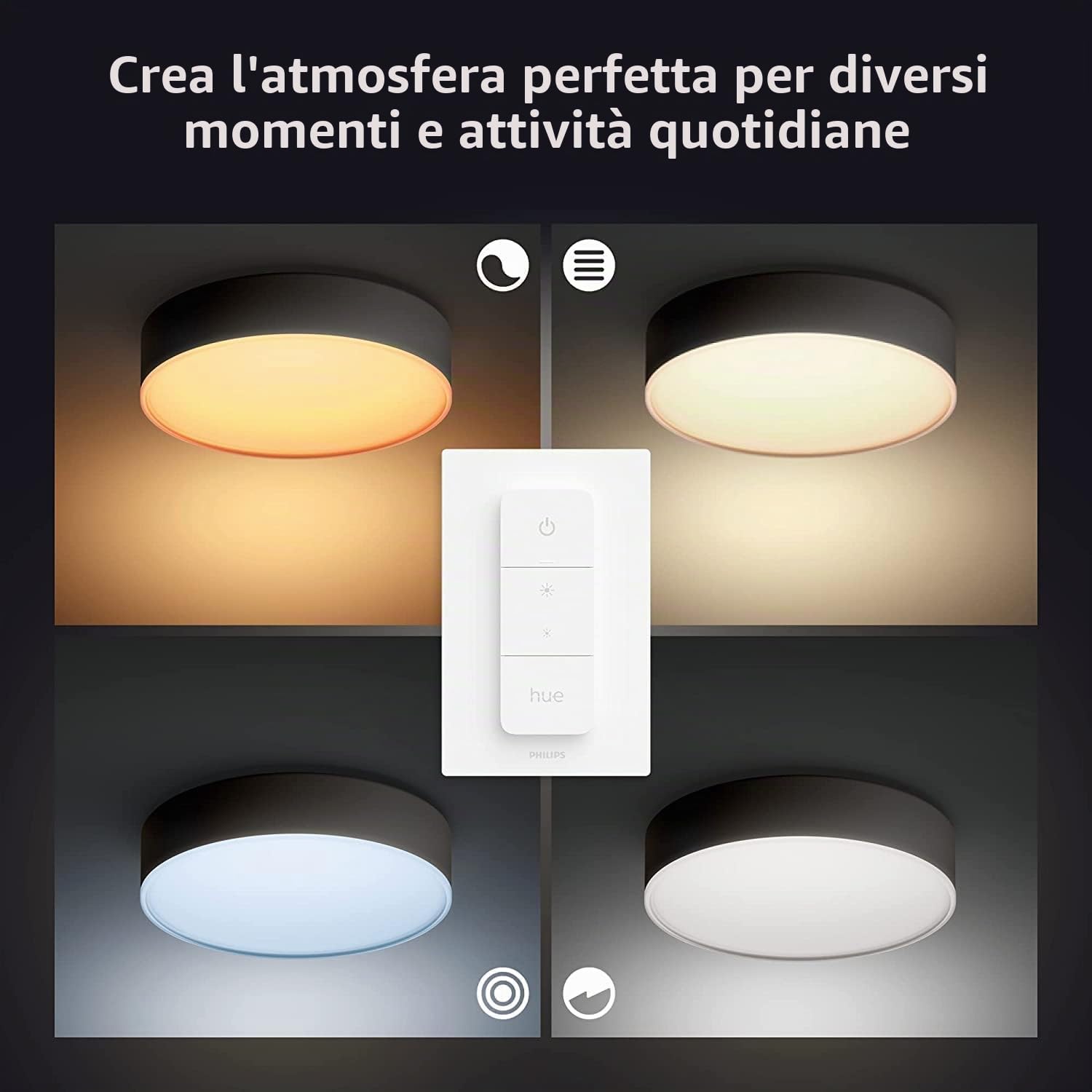 Philips Hue Enrave, Plafoniera Smart LED, Media, Nero | Luce bianca da calda a fredda, 19.2 W, Controllo vocale e via Bluetooth, Telecomando Dimmer Switch incluso, Smart Home