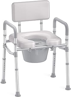 HOMLAND Bedside Commode with Padded Seat and Backrest, Aluminum Commode Toilet with Bucket, Easy Cleaning Portable Toilet for Adults and Seniors, 350 lb Capacity Enhanced Crossbar