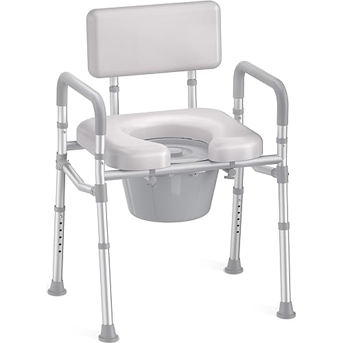 HOMLAND Bedside Commode with Padded Seat and Backrest, Aluminum Commode Toilet with Bucket, Easy Cleaning Portable Toilet for Adults and Seniors, 350 lb Capacity Enhanced Crossbar