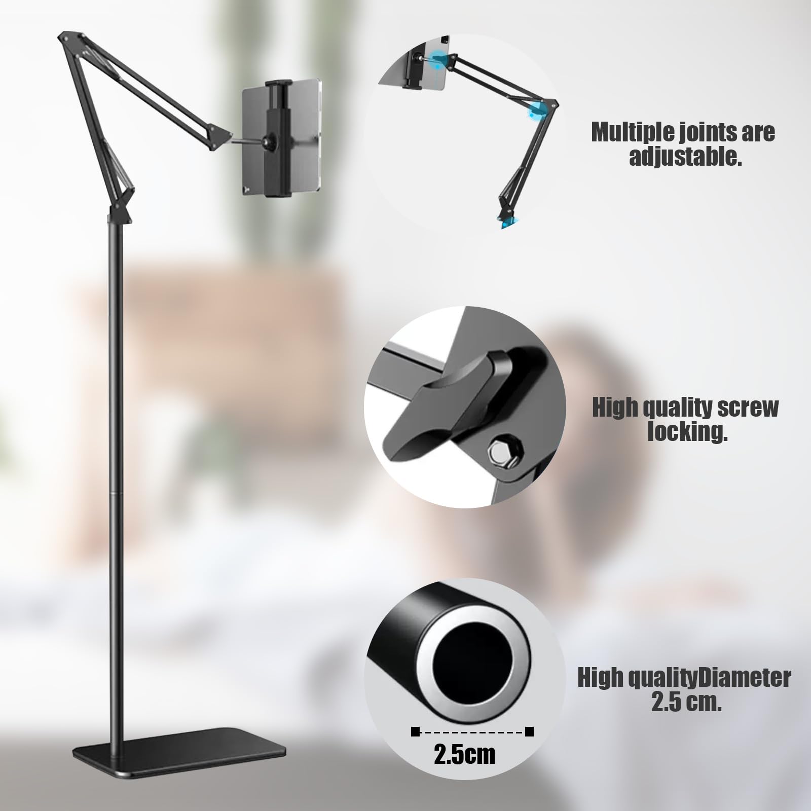 Support Tablette Lit, Support de Tablette Réglable Universel Rotatif à 360 Degrés en Métal, Supports pour Tactile, Tablet Stand avec Bras Stable pour Appareils de 4,7 à 12,9 Pouces