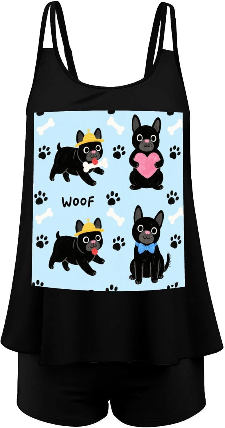 Cute Kawaii Bulldog Tankini Swimsuits for Women Tummy Control Two Piece Bathing Suits Swim Tops with Boy Shorts