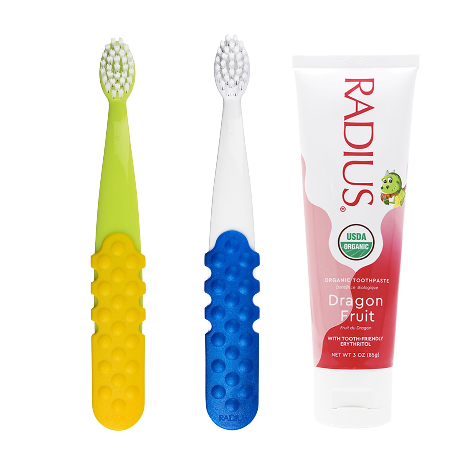 Radius Toddler Toothbrush and Toothpaste Bundle for Kids, 2 Pack Totz Plus Silky Soft Brush in White/Sapphire Blue and Green/Yellow and 1 Count Dragon