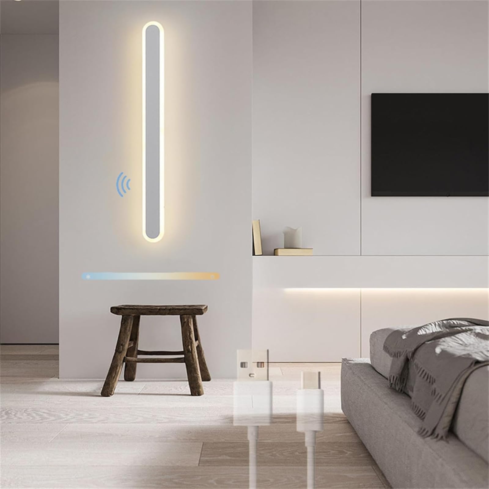 HYJAUSXB Rechargeable LED Wall Lamp with Motion Sensor 3 Color Modes Dimmable USB Powered Battery Operated Kitchen Lighting 80cm White Applique