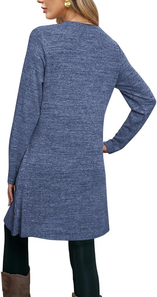 Poetsky Womens Tunic or Tops to Wear with Leggings Long Sleeve Side Buttons Swing Casual Long Shirts with Pockets S-3XL - Image 2
