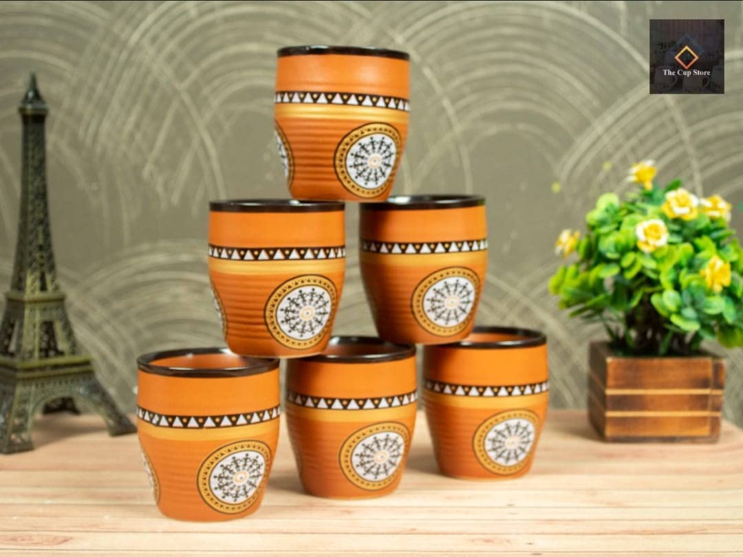 Buy DIZZEN Handicraft Hand Printed Brown Ceramic Kulhad/Kullad Cups Set