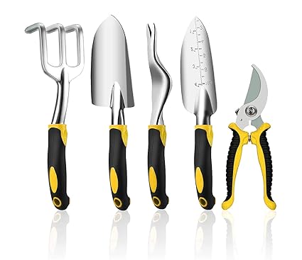 HASTHIP Garden Tools for Home Gardening,Weeder,Transplanter,Trowel,Hand rake, Pruner, Garden Tool with Cast Aluminium Heads and Ergonomic Handles, Tools Kit Set (Multi)