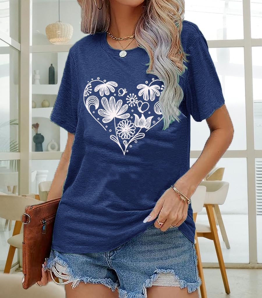 Flower Tshirts Shirts for Women Cute Dandelion Tshirt Casual Short Sleeve Wildflower Floral Heart Print Graphic Tee Tops - Image 3