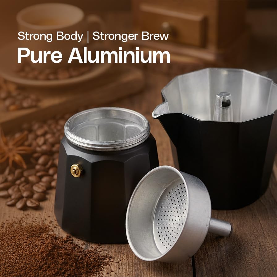 Image of AXEON Classic Moka Pot 240ml Espresso Coffee Maker | Italian Style Mocha & Cuban Cafe Brewer | Gas Stovetop Compatible | Food-Grade Aluminum with Cool Touch Handle | Brews 4-6 Cups, Black