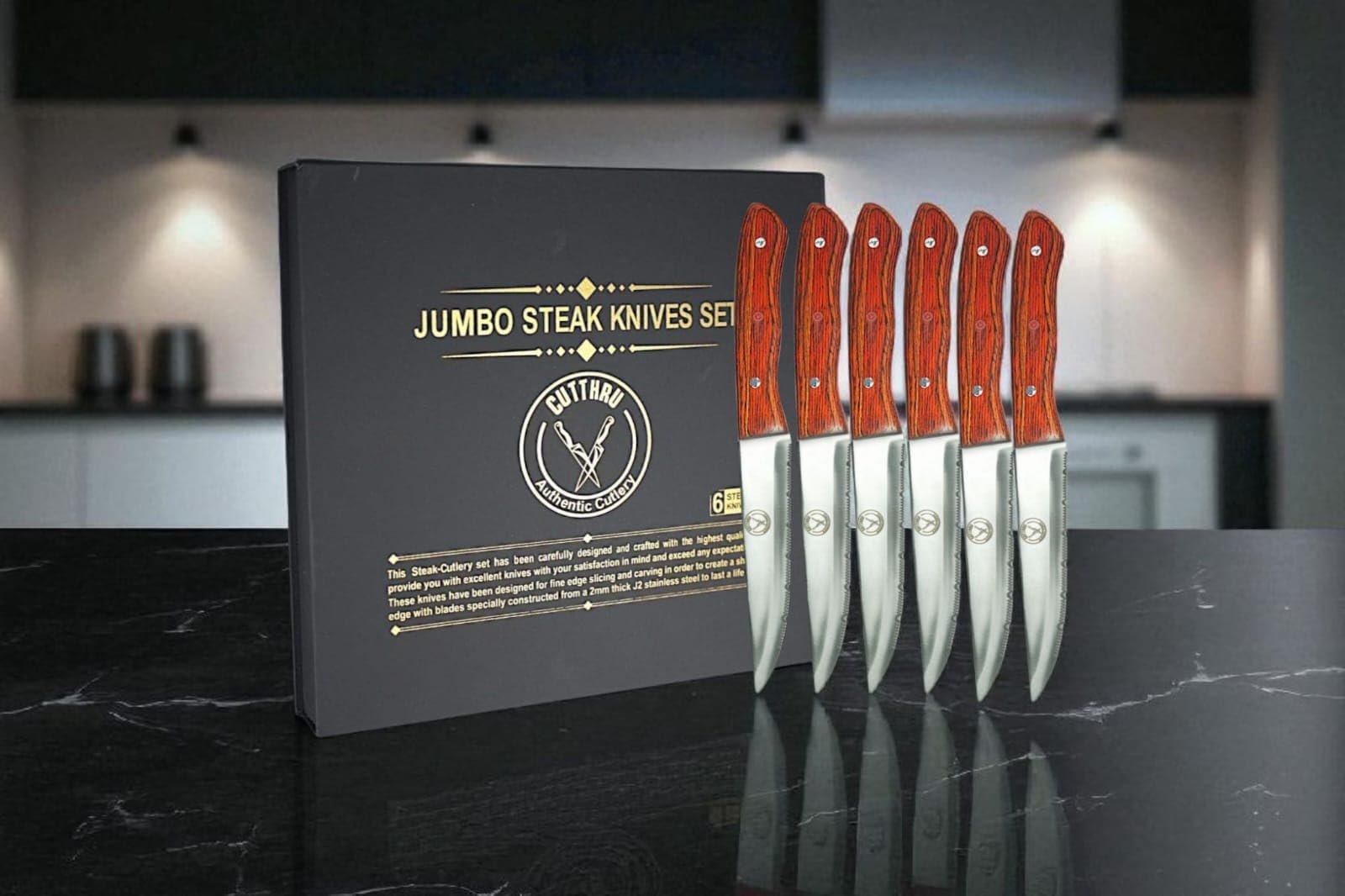 CUTTHRU Set of 6 Steak Knives, Croasion Resistant, Vivid and Smooth Polished Blade, Full Tang Wood Handle
