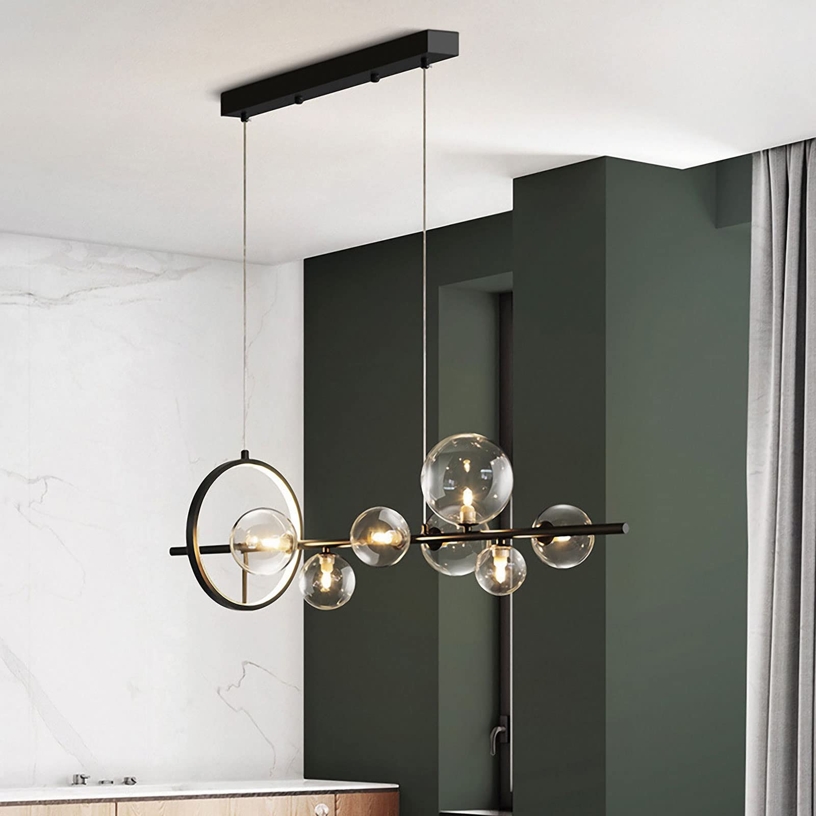 Bennoripen 7-Light Kitchen Island Light with Glass Globe Shade Light Fixture Black Chandelier Minimalist Pendant Lighting for Kitchen Island Dining Room Living Room