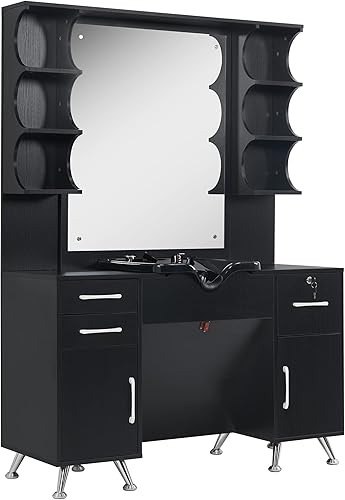 Miniatura 1 de BarberPub Armario de cuenco de champú con retrolavado, estación de montaje en pared con espejo, armario de almacenamiento con cajones y estante de