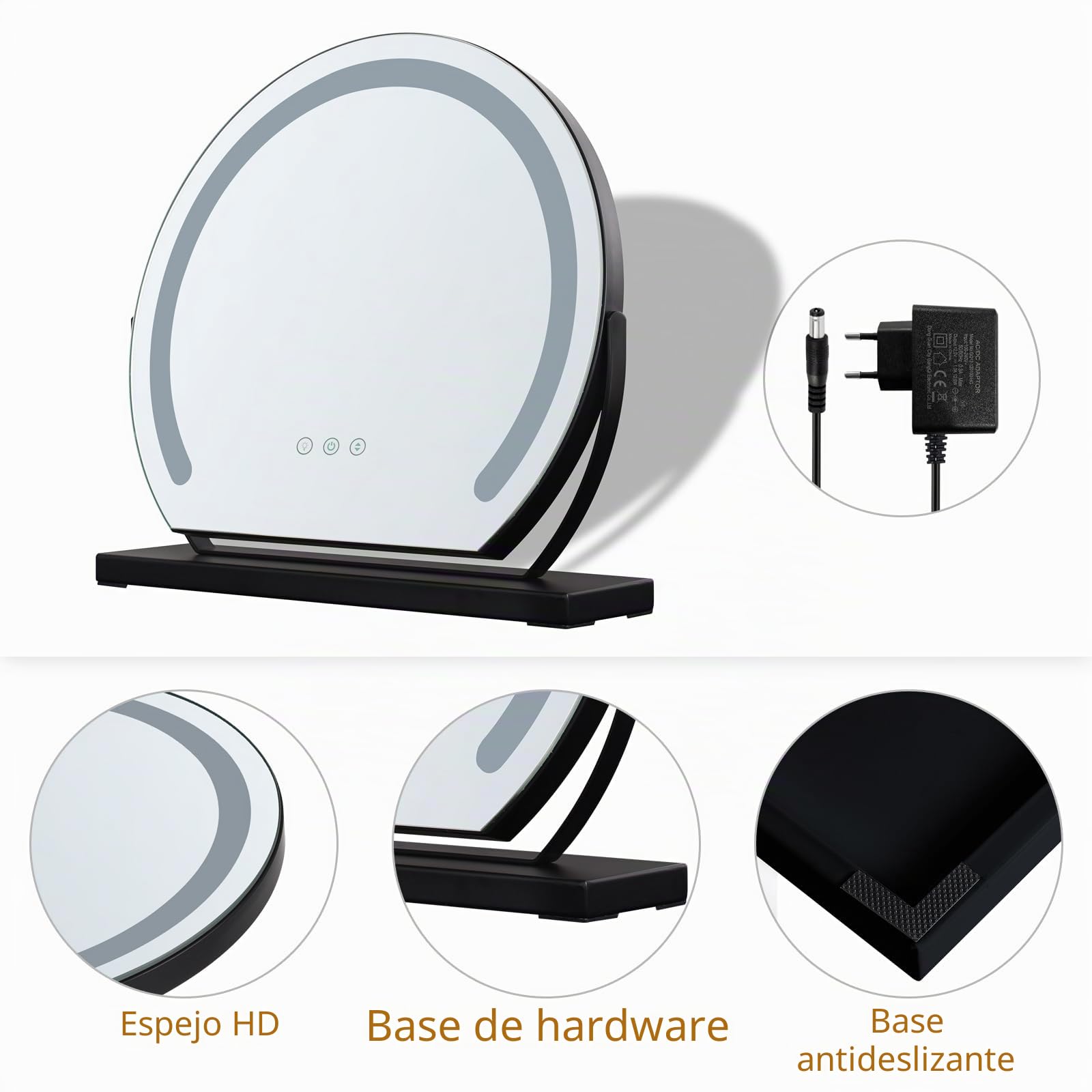 Espejo de maquillaje con iluminación, 40 x 40 cm, espejo de maquillaje giratorio en negro con LED de 9 W, 3 botones táctiles y atenuación continua, espejo de mesa moderno para maquillaje, baño