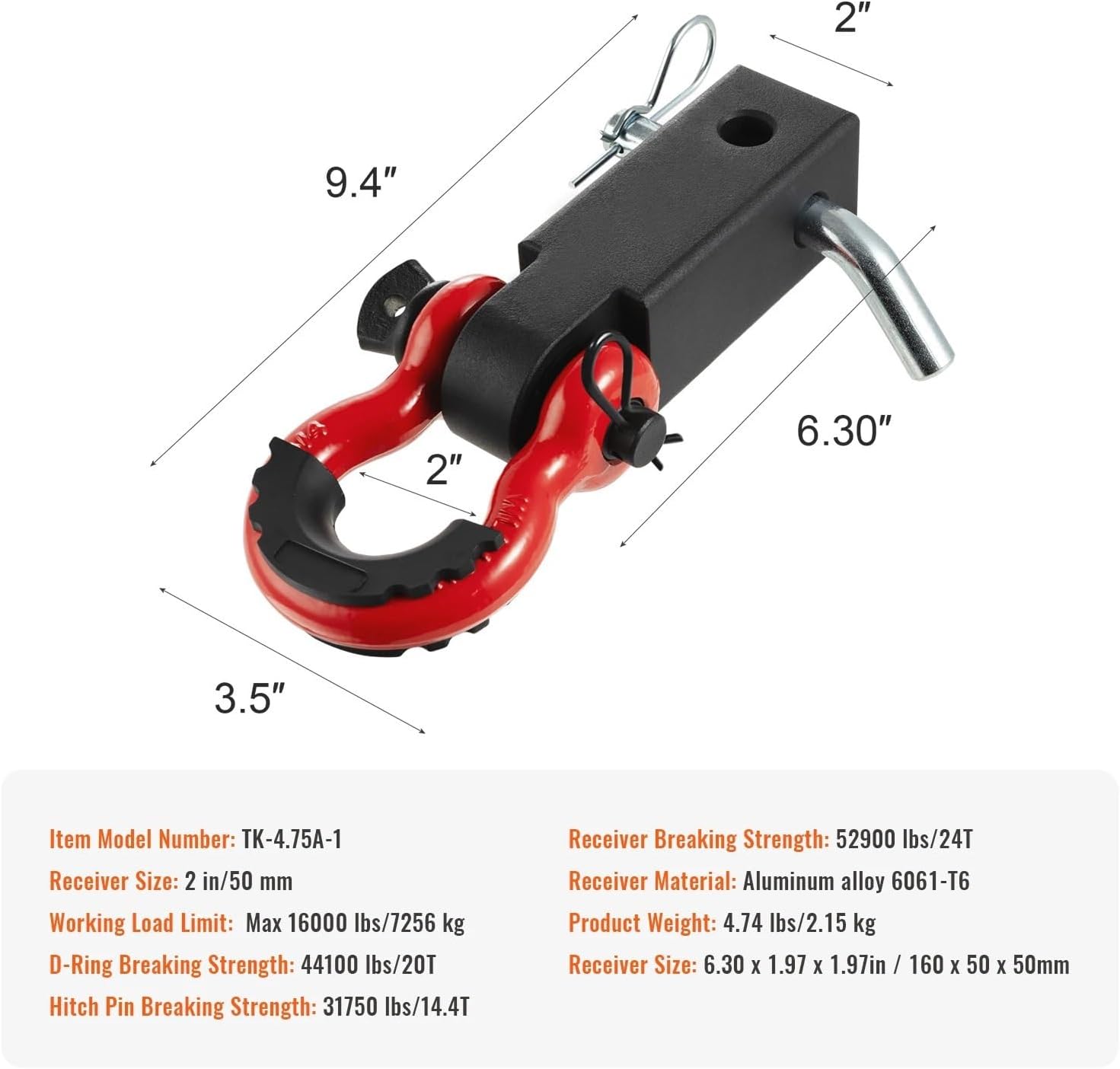 2in D-Ring Shackle Hitch Receiver with Trailer Hitch Lock Pin Towing Accessories 1Pcs(44100lbs)