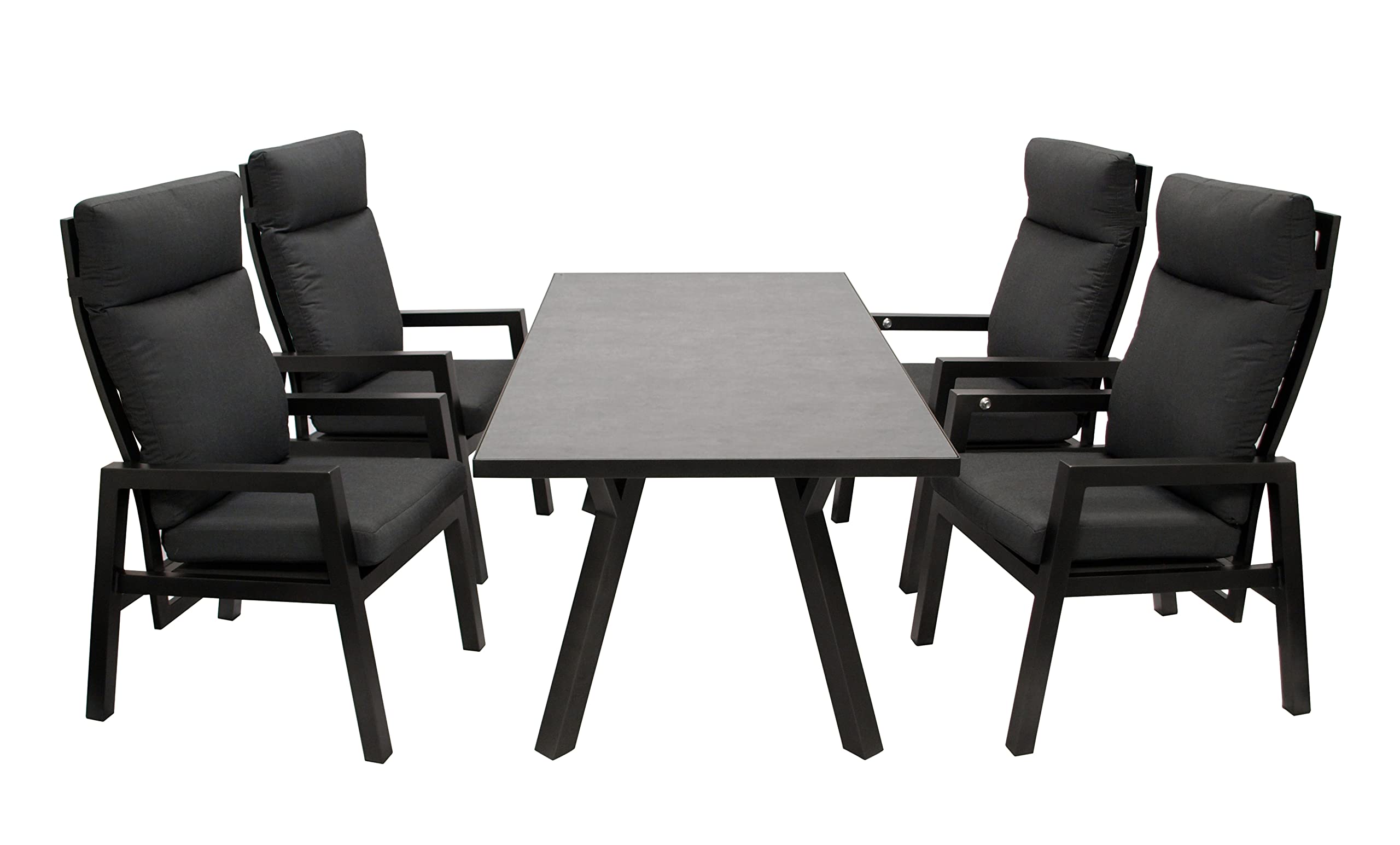 DEGAMO Gartengarnitur MANCIANO 5-teilig, 4X Hochlehner Sessel mit Verstellbarer Rückenlehne und 1x Gartentisch 90x180cm mit Glasplatte in Keramikoptik