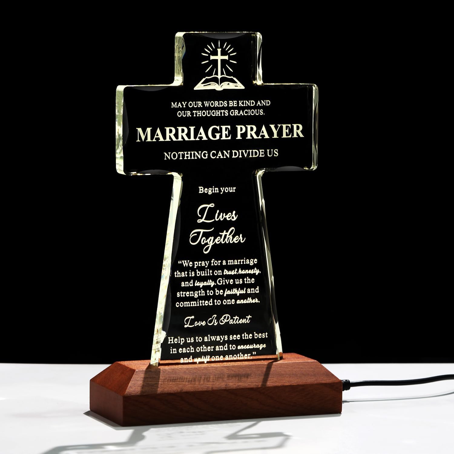 Bluebook Wedding Prayer Gifts for Couples - Crystal Cross Plaque with Multicolor LED Wooden Base, 4.7 x 7.9 Inch Religious Engagement Souvenir, Laser Engraving Christian Wedding Keepsake