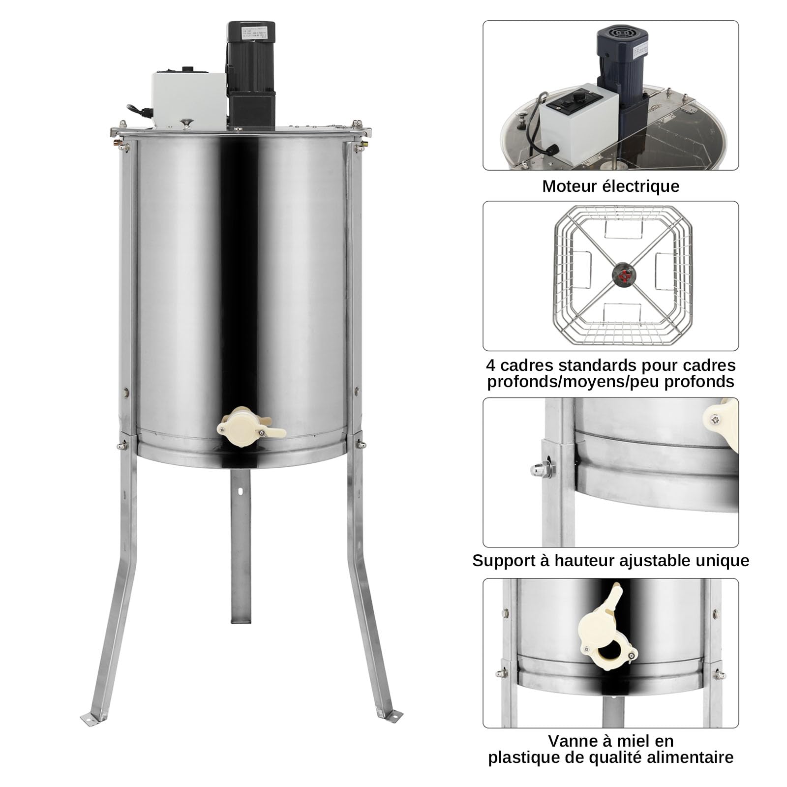 Bonnlo Extracteur de Miel Électrique 4 Cadres 110V 120W, Centrifugeuse Séparateur Miel en Acier, Équipement d'Apiculture à Moteur Professionnel, 115 x 61 x 61 cm
