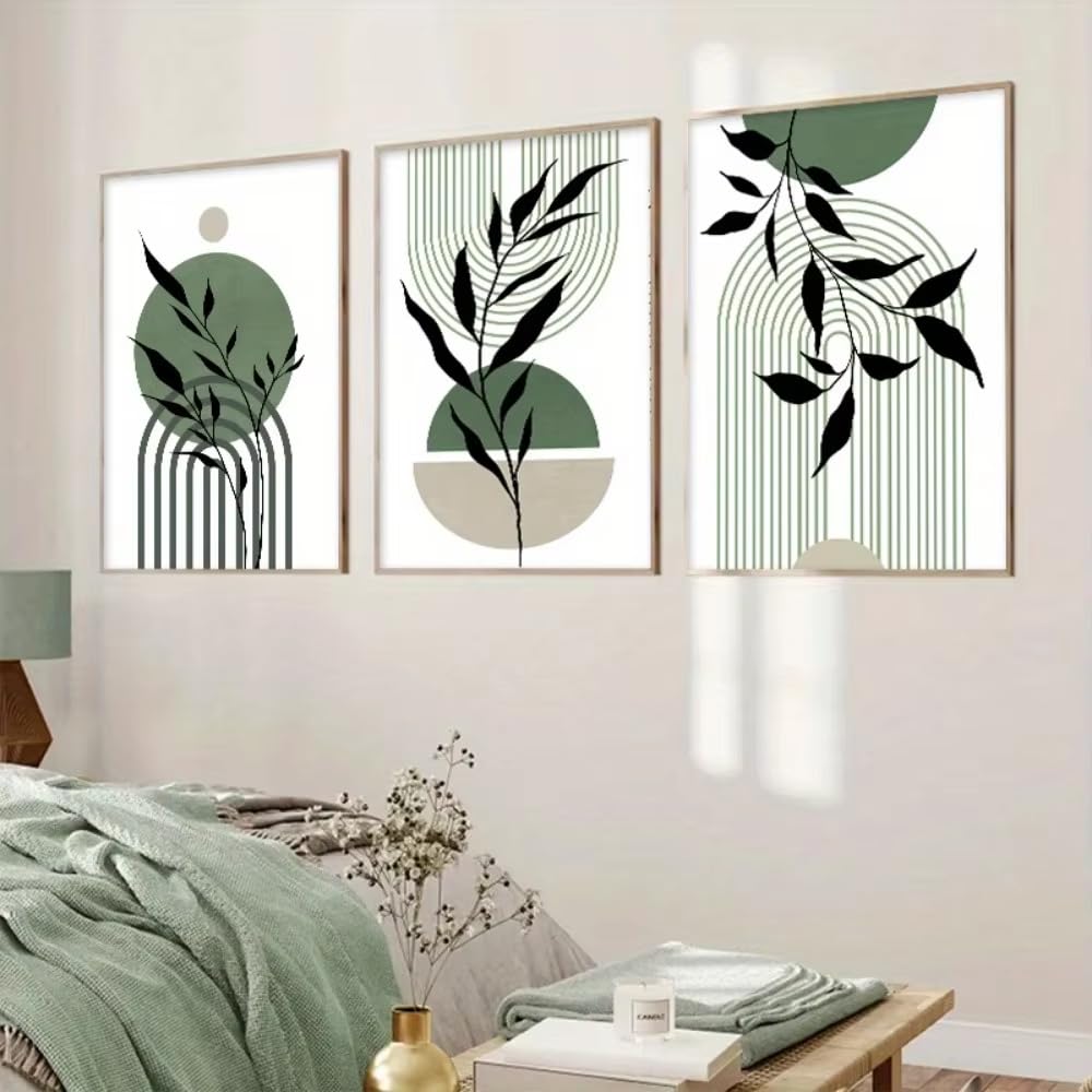 IHHGNB Dekoracja ścienna w stylu boho, szałwia, zielony, czarno-beżowy, abstrakcyjny plakat z połową wieku, botaniczny plakat do salonu lub sypialni (50 x 75 cm x 3 / bez ramki)