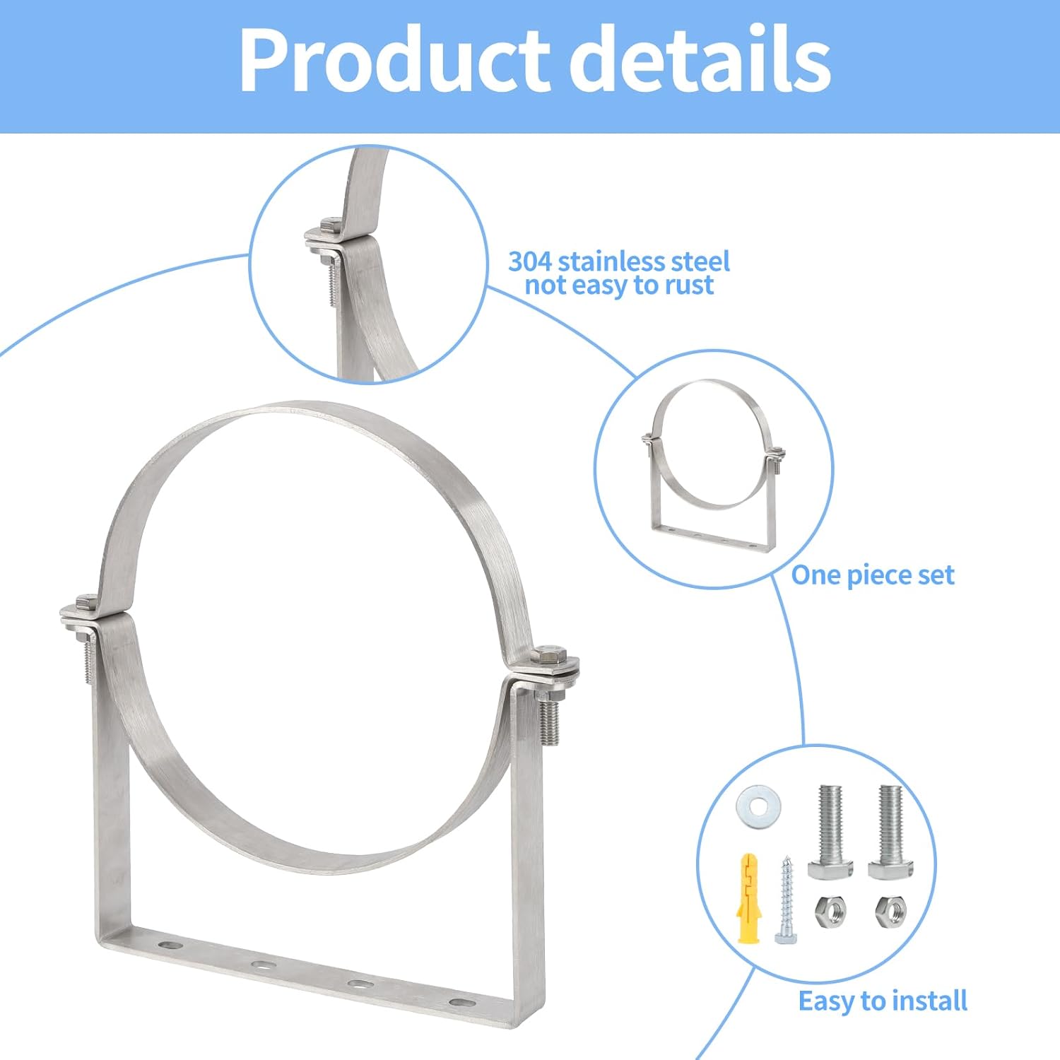Stainless Steel B Vent Wall Strap，Chimney Pipe Support Bracket，Chimney Pipe Bracket，Rigid Split Ring Hanger，Wall Support，for 8" (10" O.D.) Double Wall Insulated Chimney Pipe, All 304 Stainless Steel