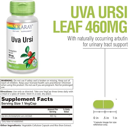 Miniatura 2 de SOLARAY Uva Ursi Leaf 460 mg  Apoyo saludable para la función de la vejiga, los riñones y el tracto urinario  Sin OMG  100 unidades (toma 3 diarios)