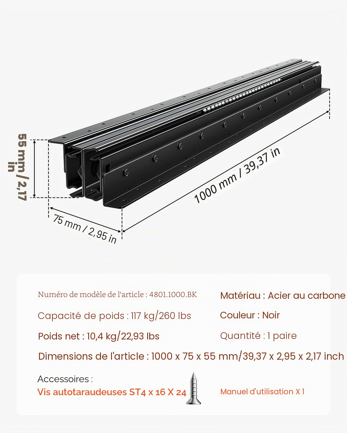 VEVOR Glissières de Tiroir sous Escalier, 1000 mm, Coulisses de Tiroir à Roulement à Billes Extension Complète, Capacité de Charge 117 kg, Rails d'Armoire Inférieur Robustes, pour Bricolage, Noir