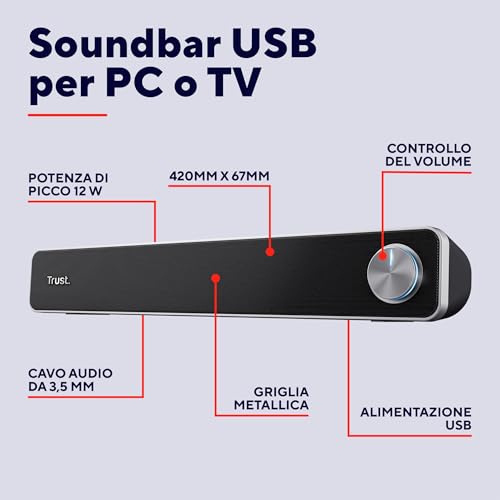 Arys Soundbar PC, 12 W, Casse PC, Alimentazione USB, Jack 3,5 mm, Barra Audio, Altoparlanti per Computer, Portatile, TV, Tablet, Smartphone, Nero, 42 x 6.4 x 7.5 cm - Casse per PC - Immagine 1