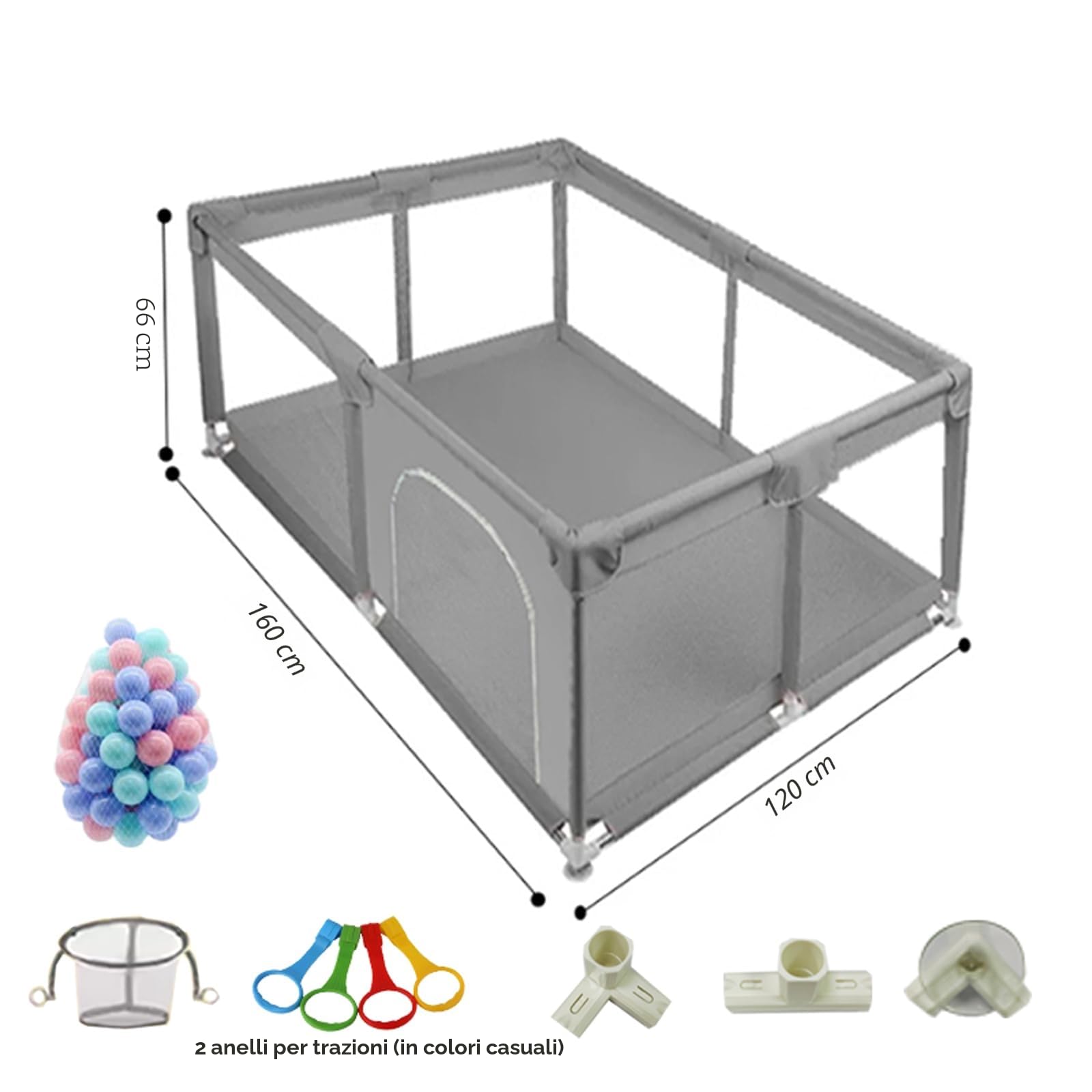 Recinto Gioco Pieghevole 160×120 cm Grigio per Neonati | Dotato di sacco portapalle e anelli tira su, pratico e sicuro per bambini