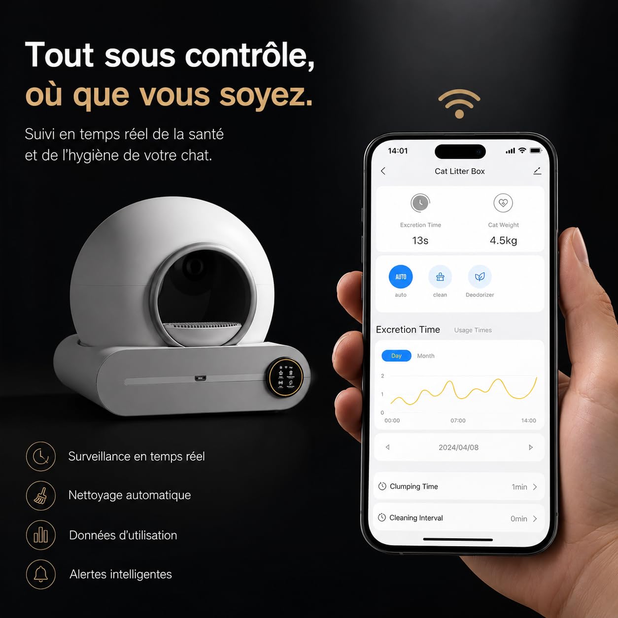 Bac à litière autonettoyant de 65 + 9 litres, avec Commande Via Application, désodorisation par ions et Suivi de la santé – 5 Sacs à litière Inclus, idéal pour Les foyers accueillant Plusieurs Chats