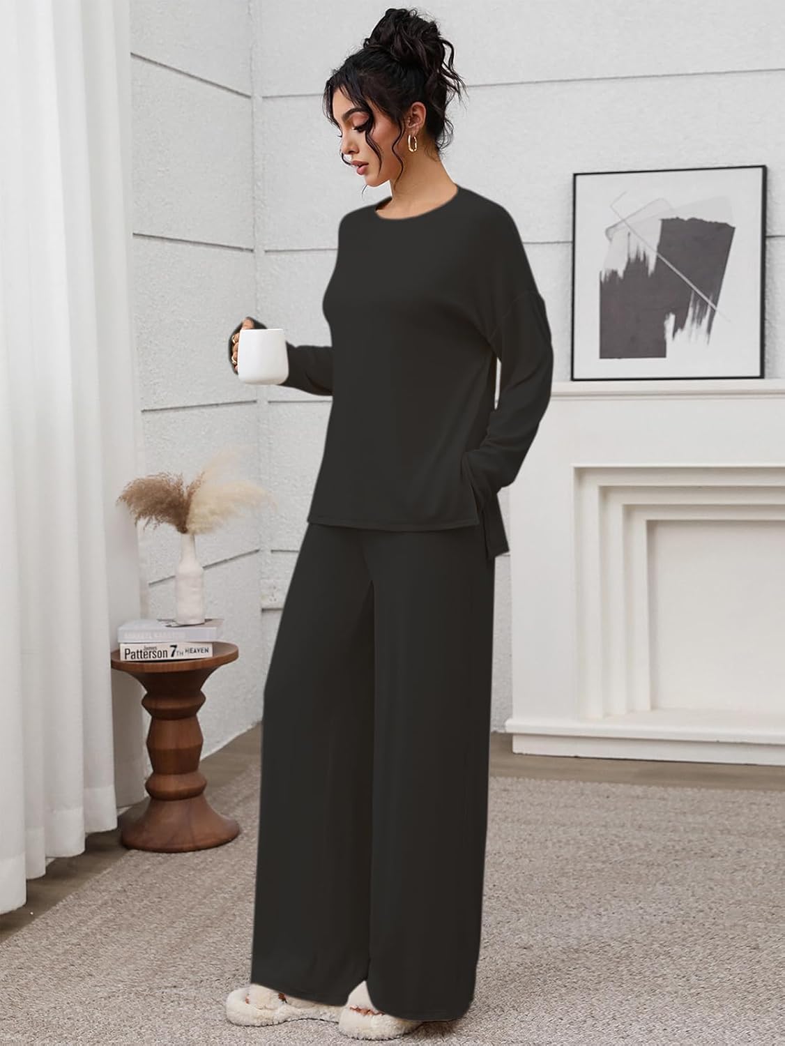 Zevi Womens 2 Piece Outfits Casual Loose Long Sleeve Pullover Tops & Wide Leg Pants Soft Basic Lounge Sets Tracksuit - Image 7