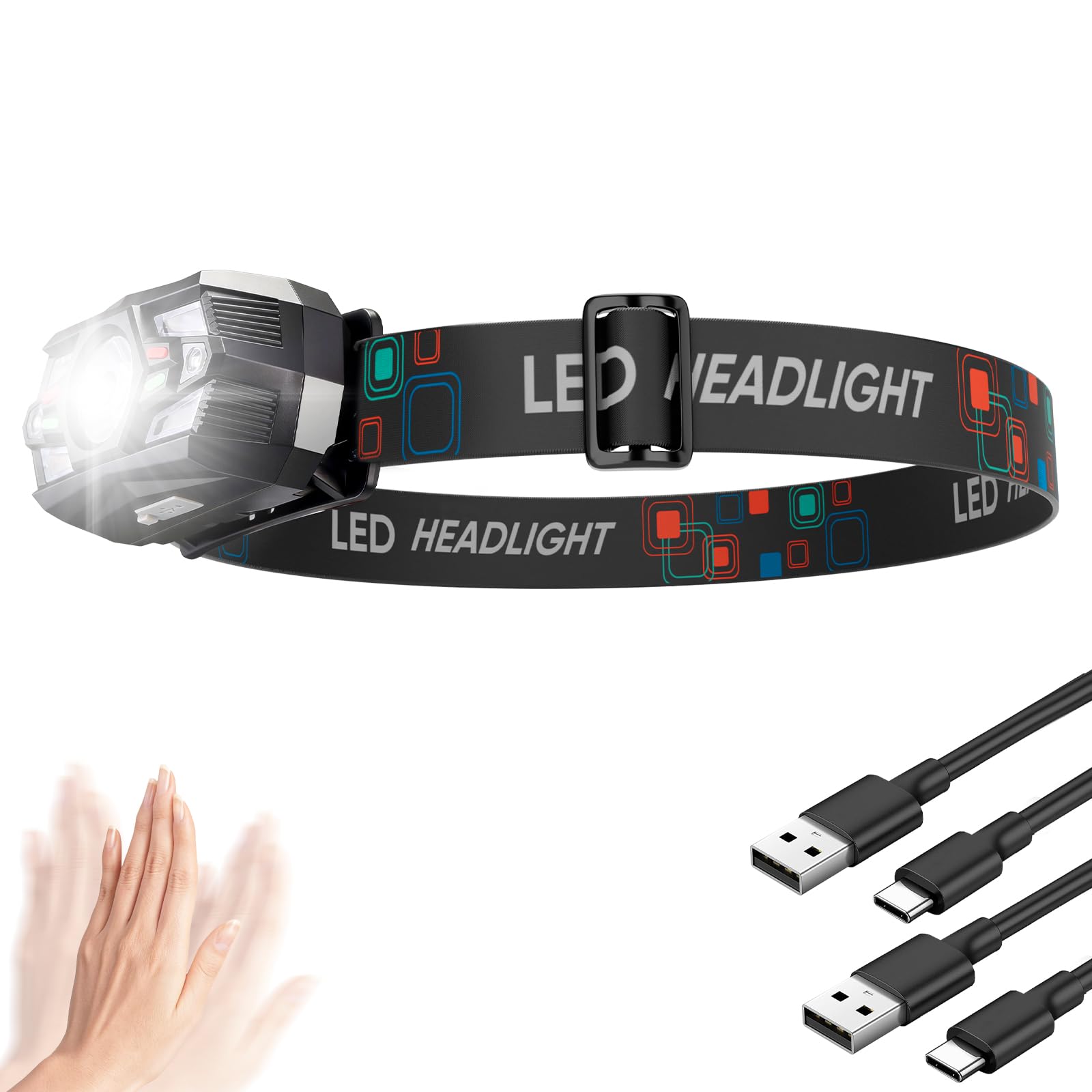 LeKaufen LED Head Torch Rechargeable, 2000L Headlamp 5 Modes with Motion Sensor, Waterproof, Long Battery Life, Lightweight Head Torch for Running Fishing Camping (1) â image 1