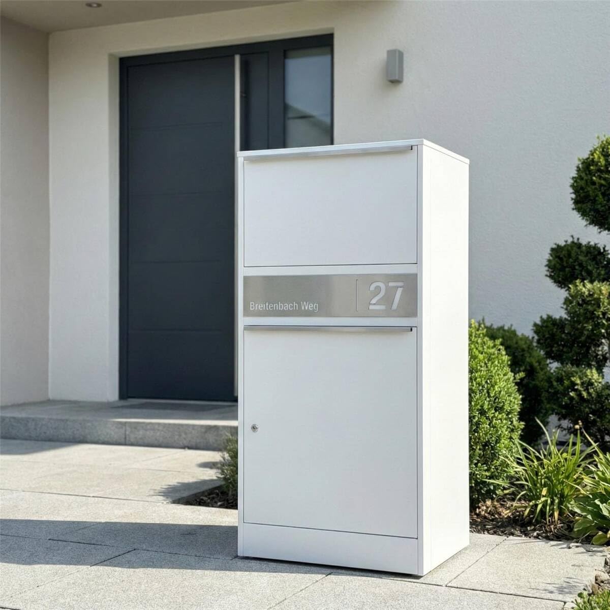 Metzler Paketbox für den Außenbereich | personalisiert mit Gravur | rostfrei & wetterfest | sichere Paketannahme rund um die Uhr |Bispo 2 Verkehrsweiß RAL 9016