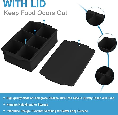 Miniatura 2 de Bandeja grande para cubitos de hielo con tapa extraíble, molde cuadrado de silicona grande para cubitos de hielo, reutilizable y libre de BPA para