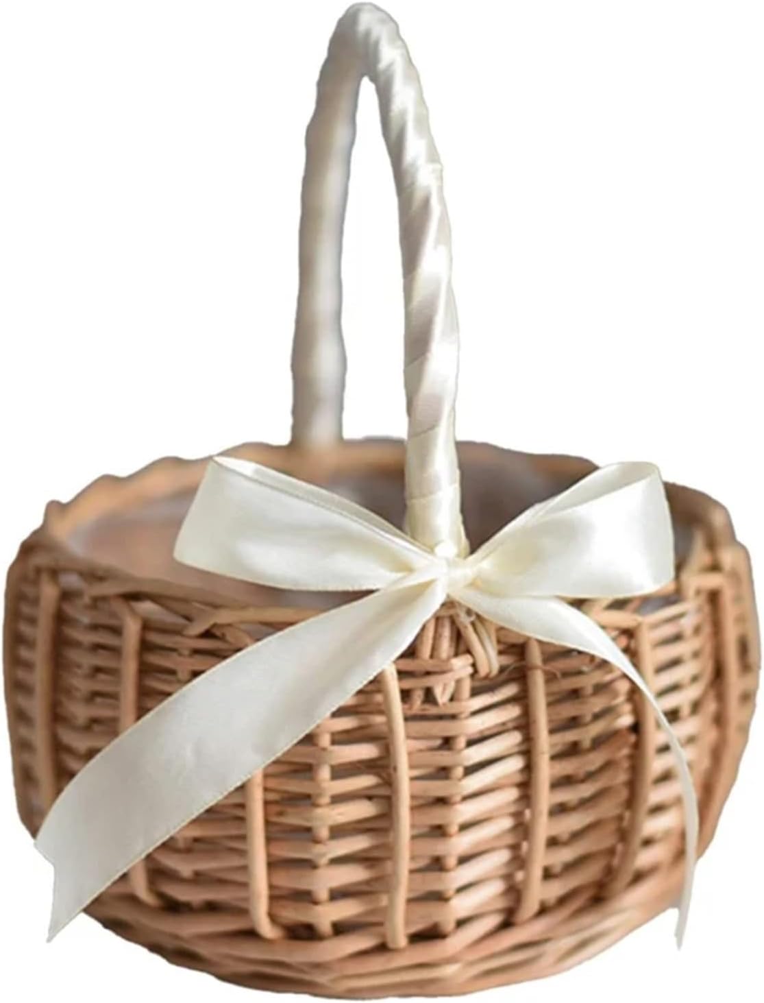 Flower Girl Baskets Hand-Woven Wedding Flower Basket with Handle Wicker Sundries Basket Flower Girls Basket(White L)