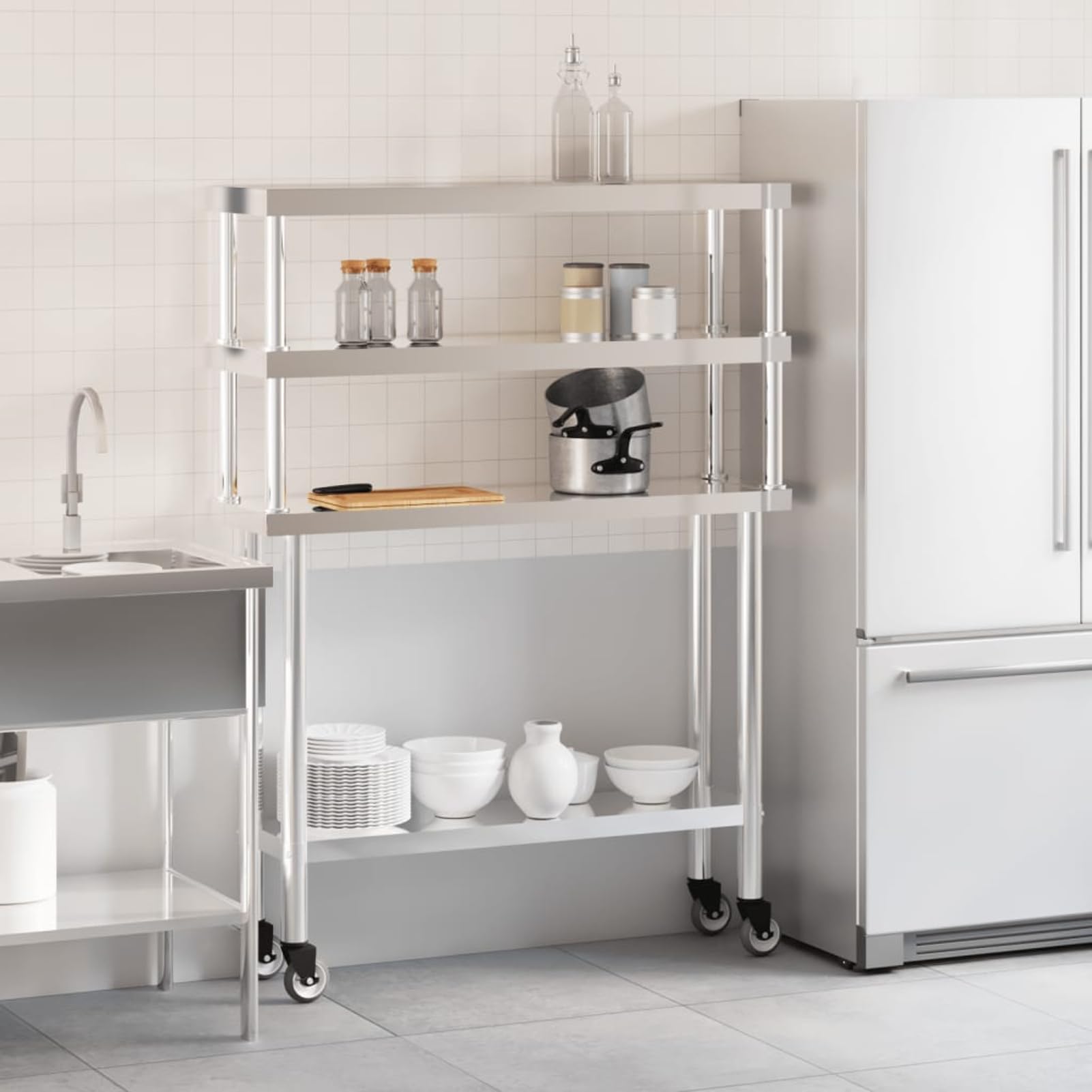 Homgoday Tavolo da Lavoro in Acciaio Inox, Argento, 110x30x150 cm, 2 Ripiani, con 4 Ruote (2 con Freno), per Cucina Professionale