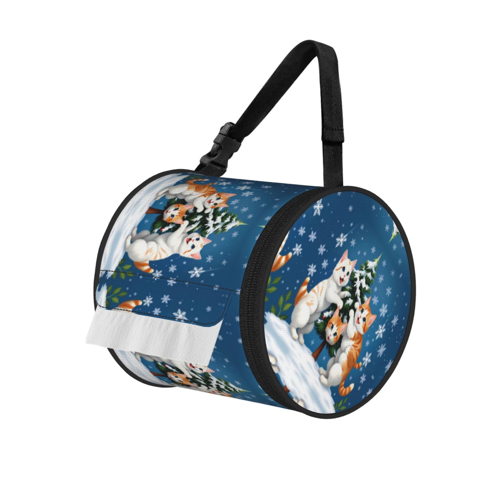 Snowflake The Cat Print Round Tissue Dispenser Bag With Carry Strap, Portable Roll Holder For Car Travel Home